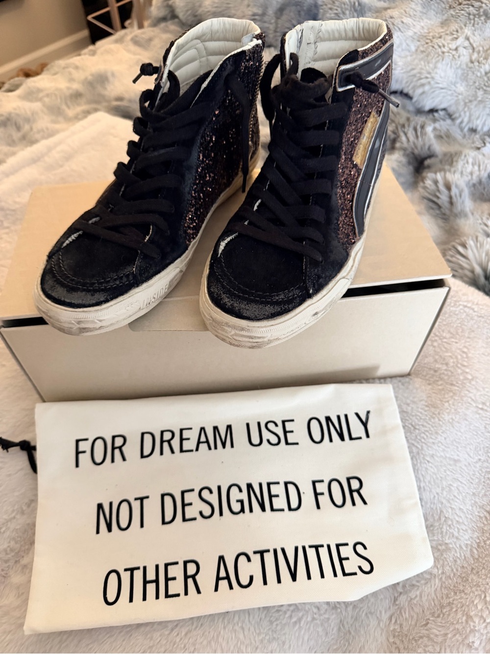 Golden Goose Black High-Top Sneakers with Brown Glitter Star